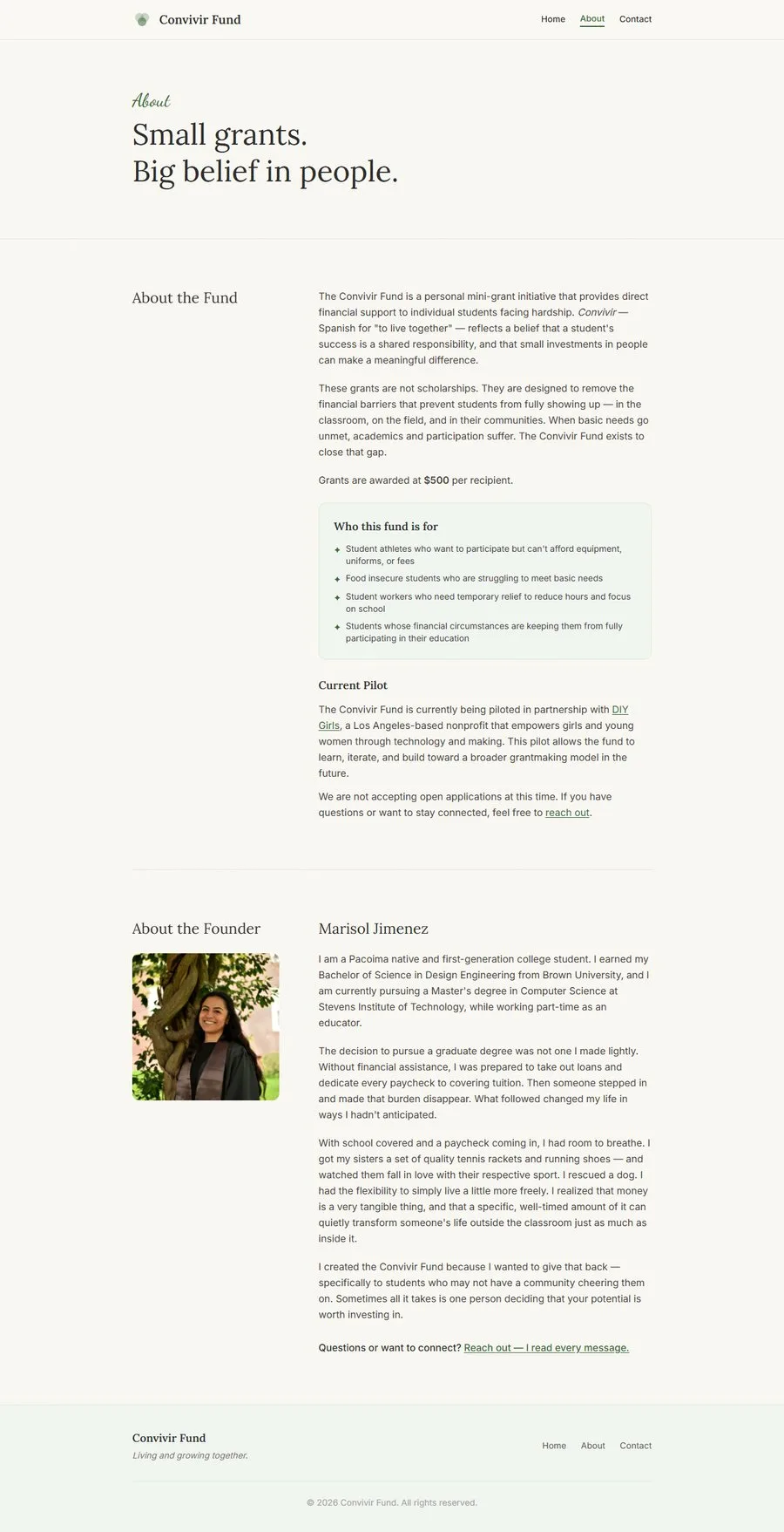 Initial About page: green serif headings, founder photo and story.