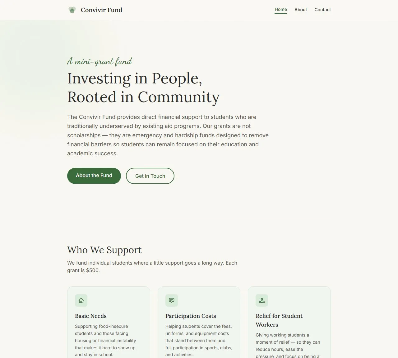 Initial AI-generated homepage: sage green and cream, serif headline, script eyebrow.