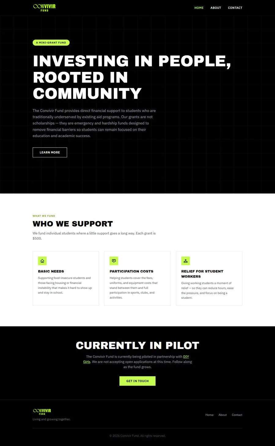 Full homepage with black background, neon-lime accents and heavy all-caps headlines.