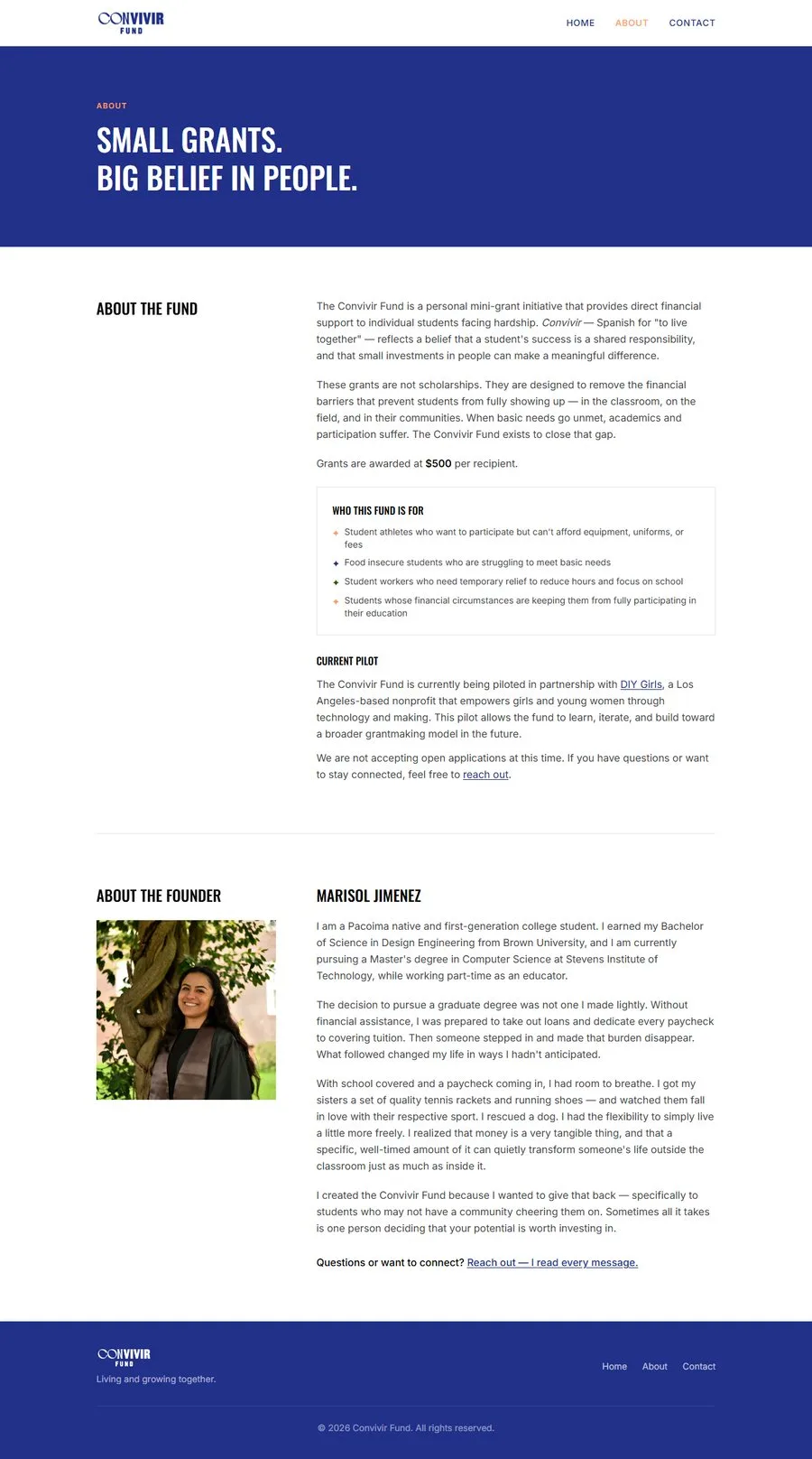 Current About page: navy header band, condensed uppercase headings, same founder photo and story.