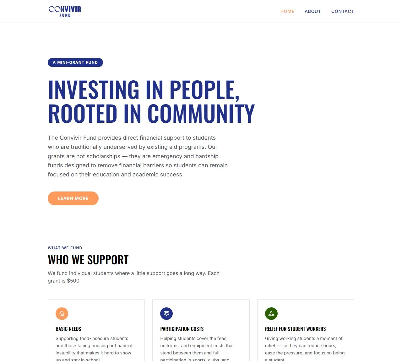 The Convivir Fund homepage I built, with the identity designed by Mai Inoue.