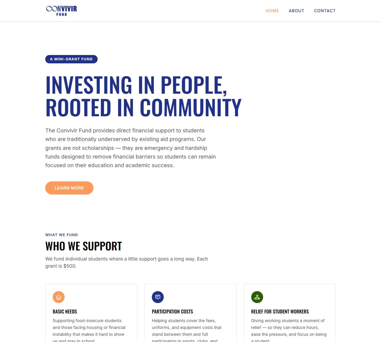 The Convivir Fund homepage: navy headline, orange button, and the CONVIVIR wordmark.