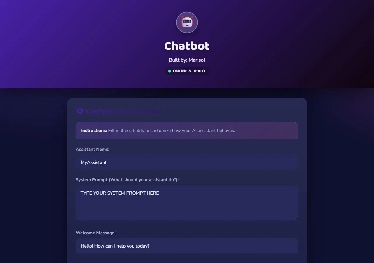 The chatbot template: header with robot avatar, and a Configure Your Assistant panel with name, system prompt and welcome message fields.