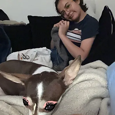 Marisol on the couch with her knitting, and her dog in the foreground with doodled-on eyelashes.