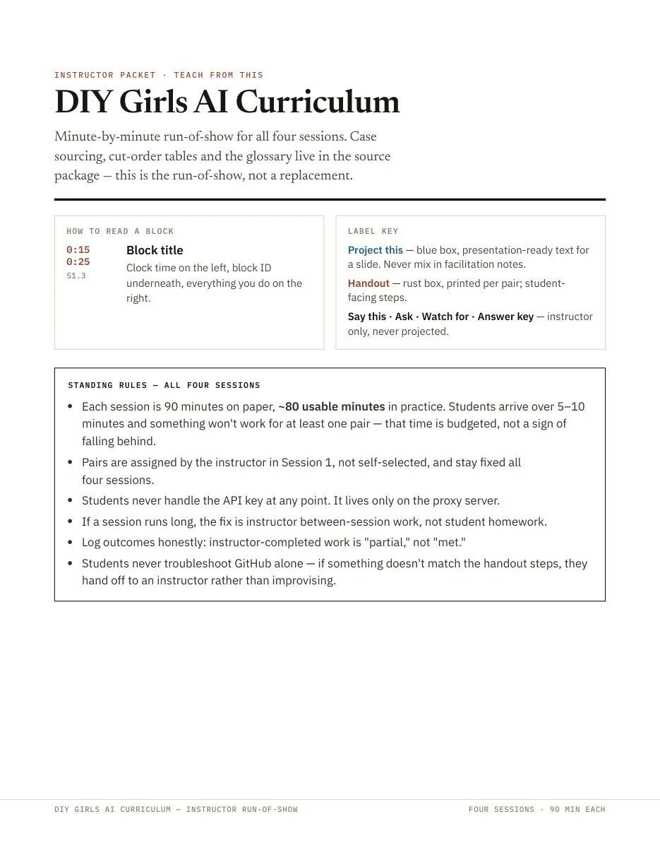 Packet cover page: DIY Girls AI Curriculum, how to read a block, label key and standing rules.