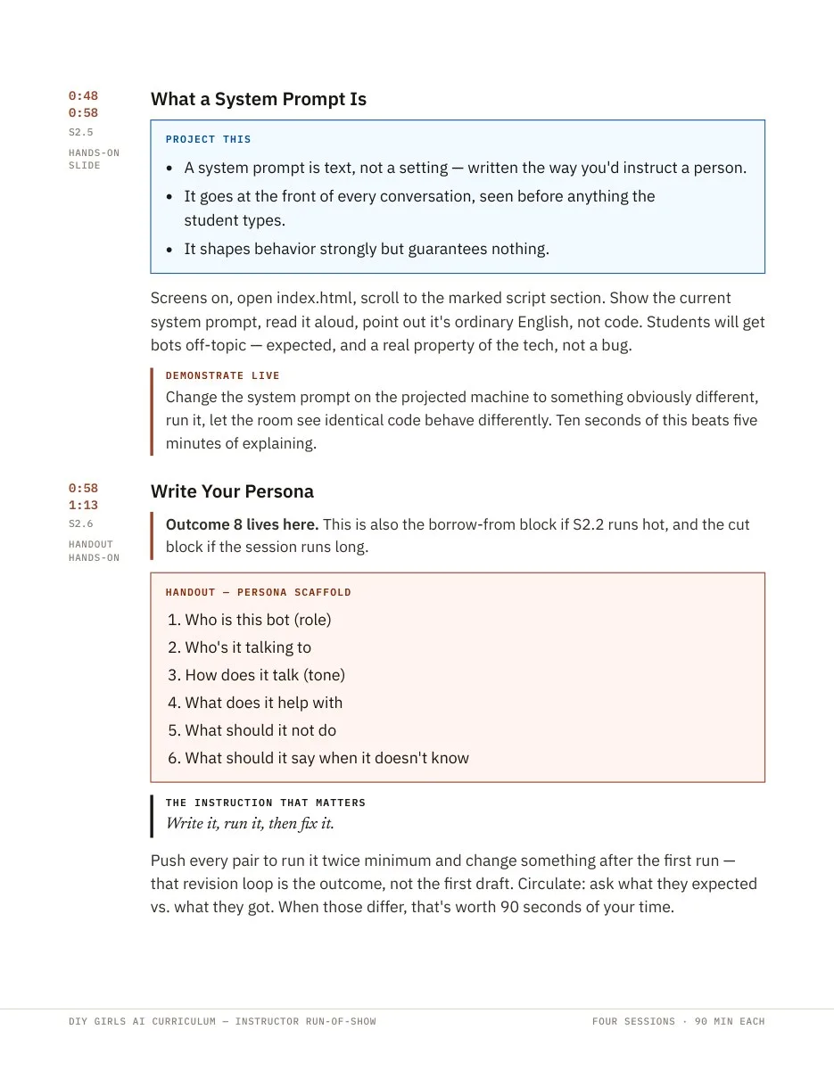 Session 2 page: what a system prompt is, and the persona scaffold handout.