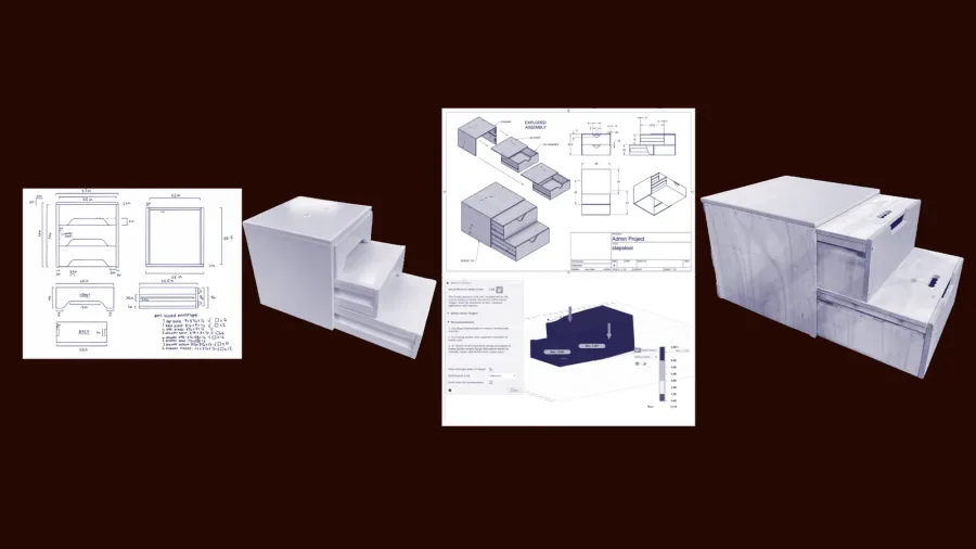 Collage of technical drawings and CAD renders of the stool.