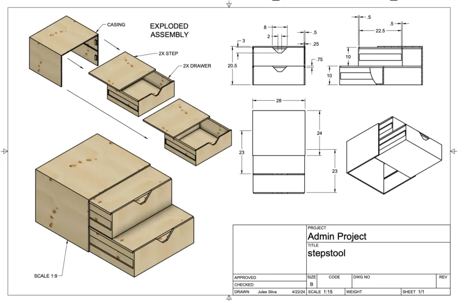 Exploded assembly drawing of the step stool with dimensions.